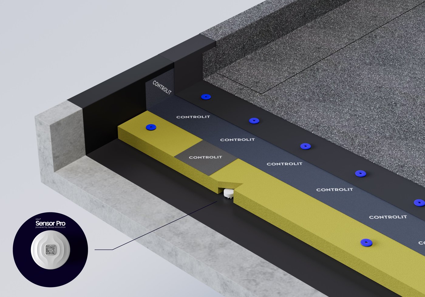 Controlit conductive underlay with embedded Sensor Innovation moisture sensor, roof build-up cutaway